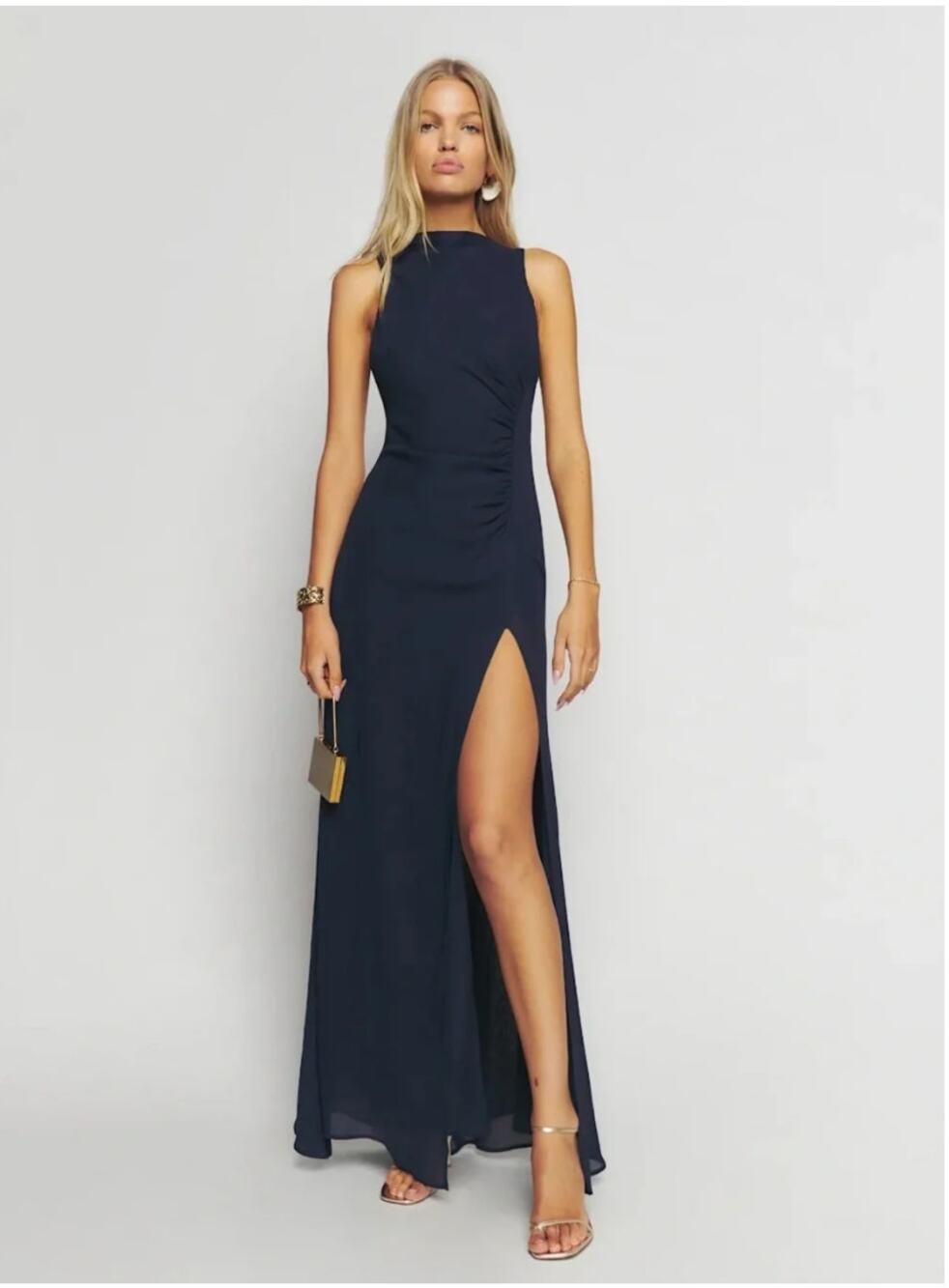 Reformation Senna Dress Navy Blue size 0 NWT Ruched Slit Maxi